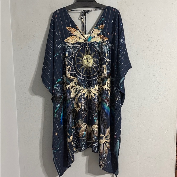 NWT Johnny Was Navy blue V-Neck Kaftan Tunic silver/gold striped